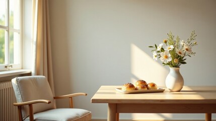 Sunlit morning scene featuring a wooden table, baked goods, and a vase of daisies next to a light-colored armchair