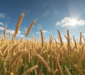 Fototapeta premium Field of golden wheat swaying in the breeze under a blue sky, agriculture, countryside view