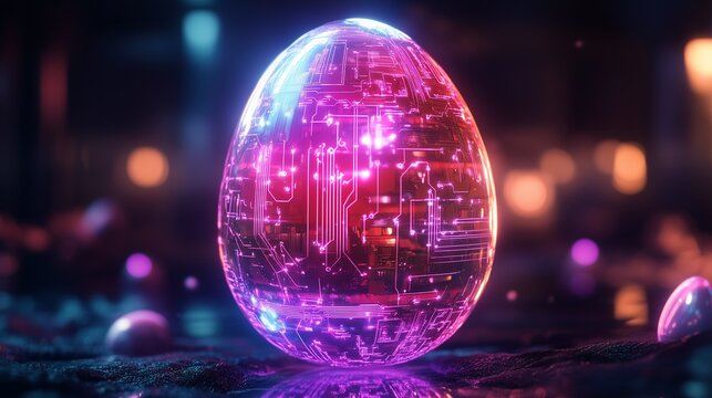 A levitating Easter egg glowing softly with intricate neon circuitry patterns.