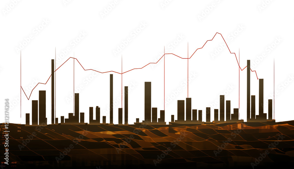 Poster abstract stock market graph visualization red line trend with brown bars data analysis