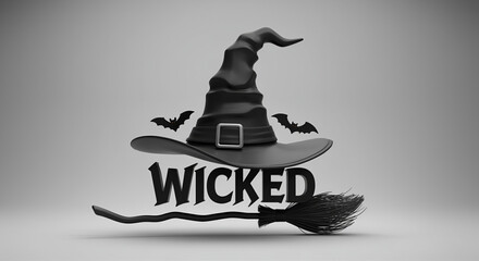 witch hat with wicked design and broom for halloween decoration