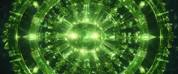 Obraz premium Focal point of light dances across vibrant peridot gemstone creating kaleidoscope effect, , focal point