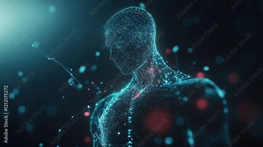 Poster healthcare data animations highlighting glowing dots and moving lines to represent fluidity and prec
