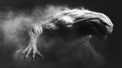 Fototapeta premium Monstrous creature emerging from the mist, a powerful and ominous presence.