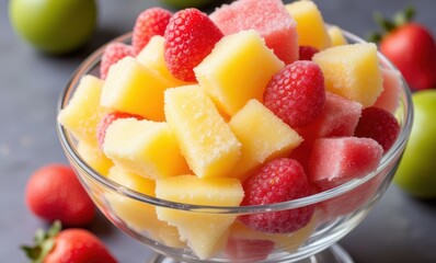 Colorful fruit salad in a glass bowl
