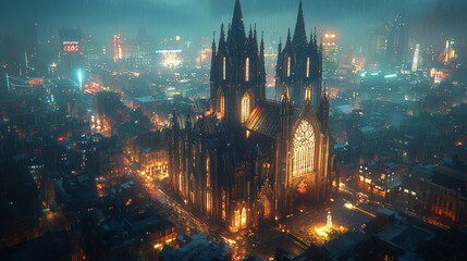 Obraz premium Gothic cathedral illuminated at night in futuristic city.