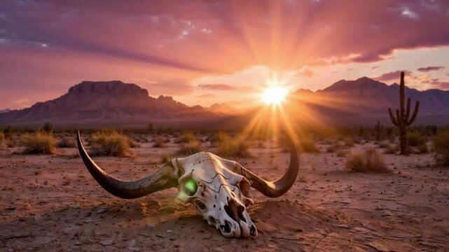 Timelapse of the Sunset in the  aride desert, skull of animal