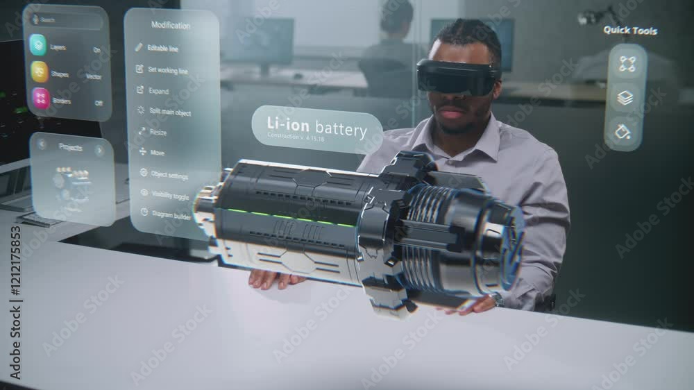 Poster african american engineer uses augmented reality headset to visualize virtual 3d holographic model o
