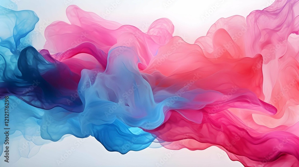 Poster an abstract artwork featuring a mesmerizing blend of flowing pink, red, and blue hues, creating a dy