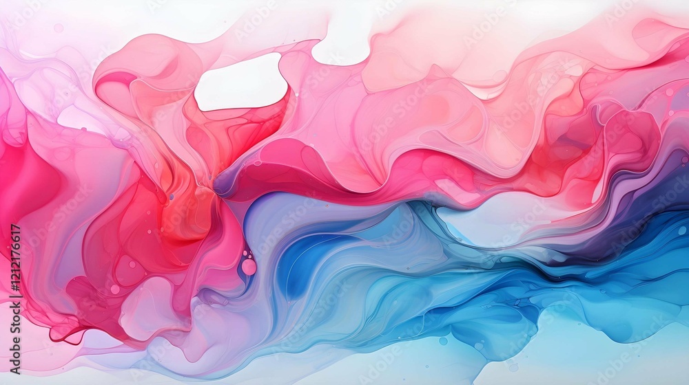 Poster an abstract artwork featuring a mesmerizing blend of flowing pink, red, and blue hues, creating a dy