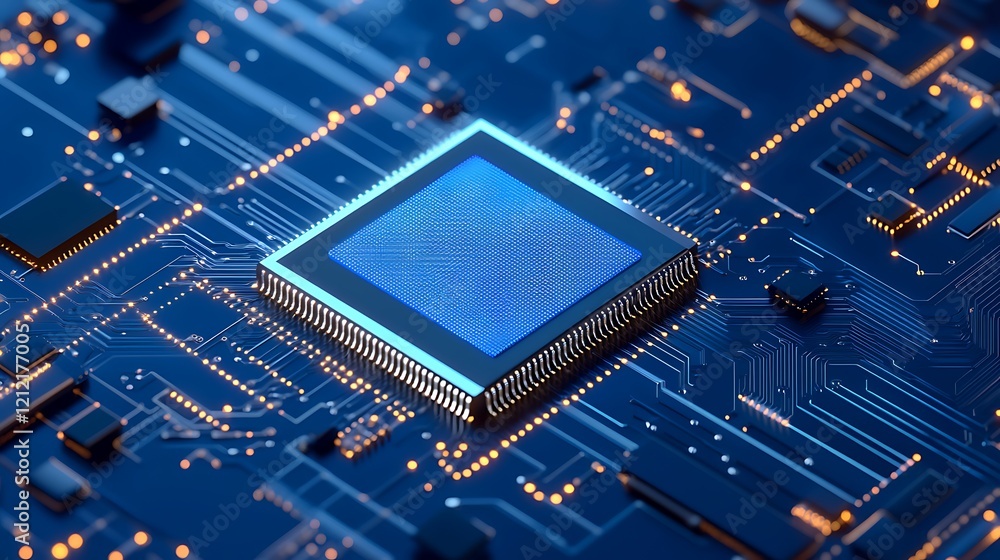 Poster close-up of a modern microchip on a circuit board