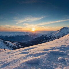 Magical view of in the mountains - snow covered mountain ranges among snowy areas, under deep blue sky during sunset.