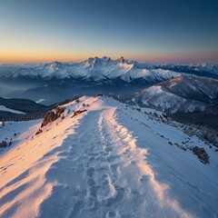 Magical view of in the mountains - snow covered mountain ranges among snowy areas, under deep blue sky during sunset.