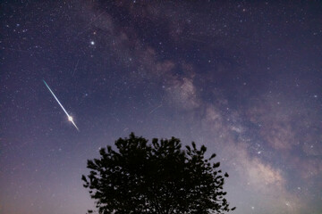 Milky Way stars with meteor shower trails and countryside silhouettes.
