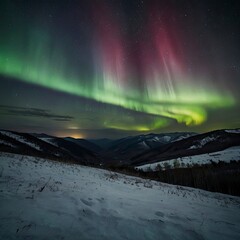 The Aurora in the sky above the hills at night.