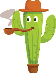 Green cactus character smoking pipe wearing hat, houseplant in pot