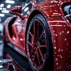 Red sports car, wet, showroom, detail, cleaning