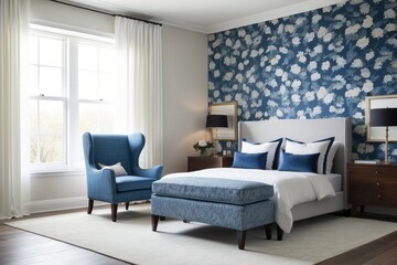 Fototapeta premium Minimal Master Bedroom Design With Blue Floral Accent Chair