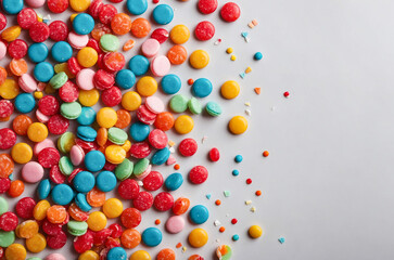 Obraz premium Scattered colorful candies on a bright background, flat lay composition