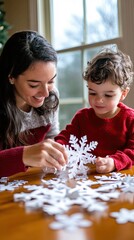 Fototapeta premium Mother and Son Making Paper Snowflakes Together
