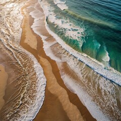 Abstract Aerial View of Sandy Beach and Small Waves from Above