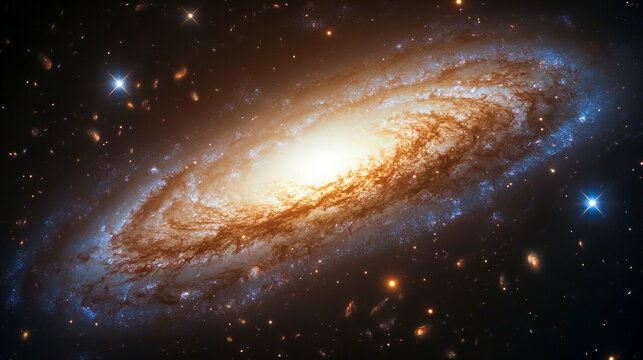 Cosmic spiral galaxy with glowing stars and nebulae in deep space