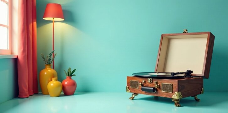 Retro turntable with open lid in a teal room with vibrant decor