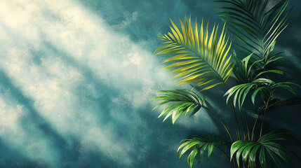 Zielone liście palmy na tle betonowej ściany, tło trendy 2025. 