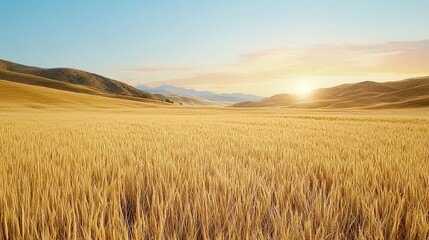 Obraz premium Golden Wheat Field Under Bright Blue Sky at Sunrise with Mountains in Background and Soft Yellow Light