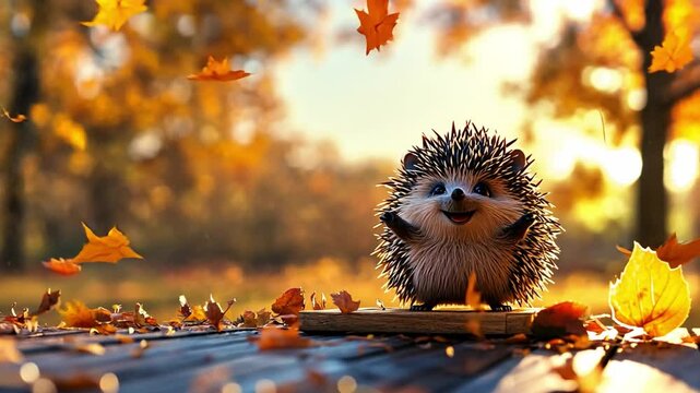 Sweet hedgehog enjoying a colorful autumn day among falling leaves in a serene park