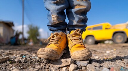 Fototapeta premium Child s Mud Spattered Yellow Boots on Rough Ground Poverty Concept