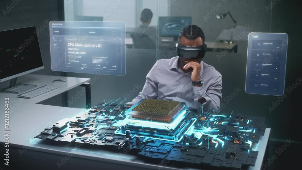 Fototapete african american engineer uses virtual reality headset to visualize augmented 3d holographic model o