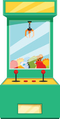 Green claw crane arcade game trying to grab a colorful plush toy