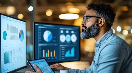 A focused data analyst reviews charts and graphs on multiple monitors while using a tablet to gather insights in a contemporary office setting after hours