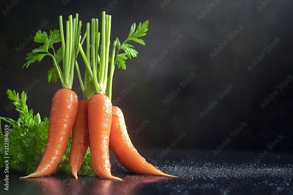 Poster four fresh carrots with green leaves are standing on a dark wet surface, creating a visually appeali
