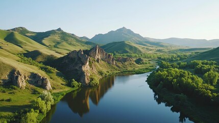 Serene river reflecting mountains at sunrise; scenic landscape for travel brochures