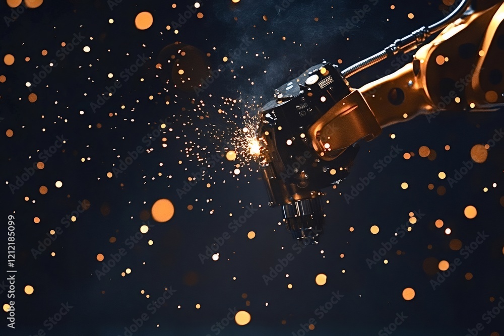 Poster robotic arm performing welding operations, creating a dazzling shower of sparks while highlighting t