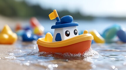 Colorful toy boat floats in shallow water on sandy beach.