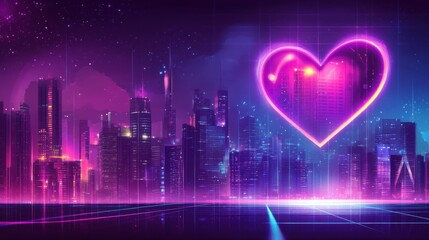 Vibrant Heart Neon Art, Futuristic Cityscape, Digital Illustration, Nighttime Glow, Aesthetic Emotion Representation