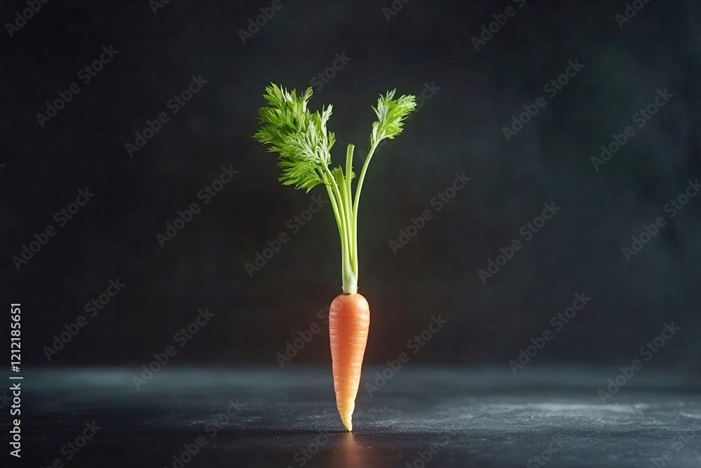 Poster single fresh carrot with green leaves standing upright on a dark surface, creating a simple yet visu