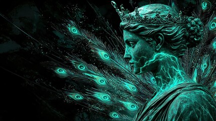 Statue of Hera with melting crown and glowing peacock feather pattern