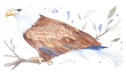 Obraz premium Majestic eagle perched on a branch surrounded by delicate foliage and soft floral accents in a serene setting