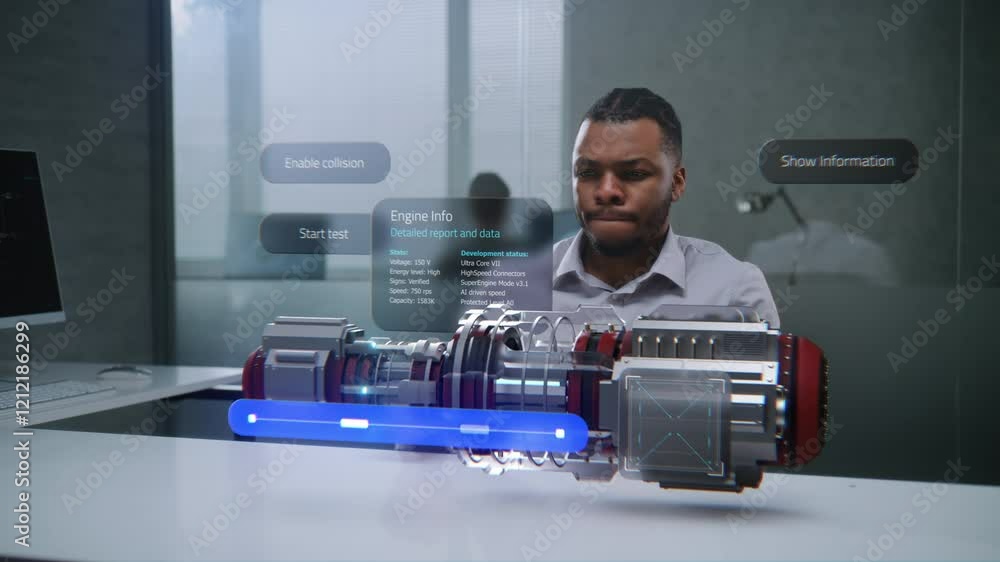Fototapete african american engineer uses augmented reality to develop 3d holographic model of clean green ener