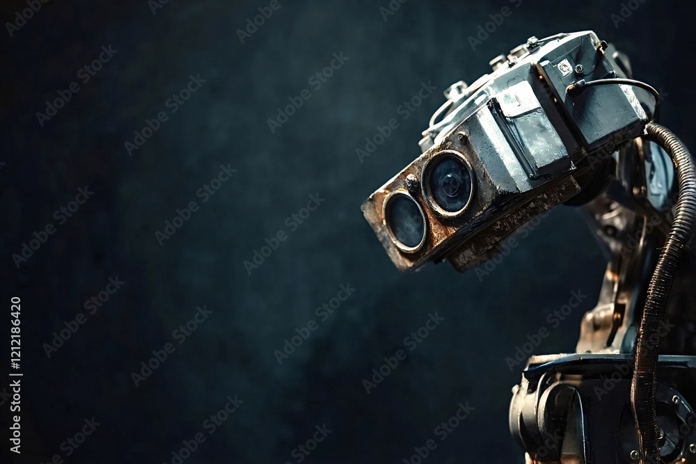 Poster close-up of a rusty, worn-out robot with multiple lenses, possibly cameras or sensors, positioned ag