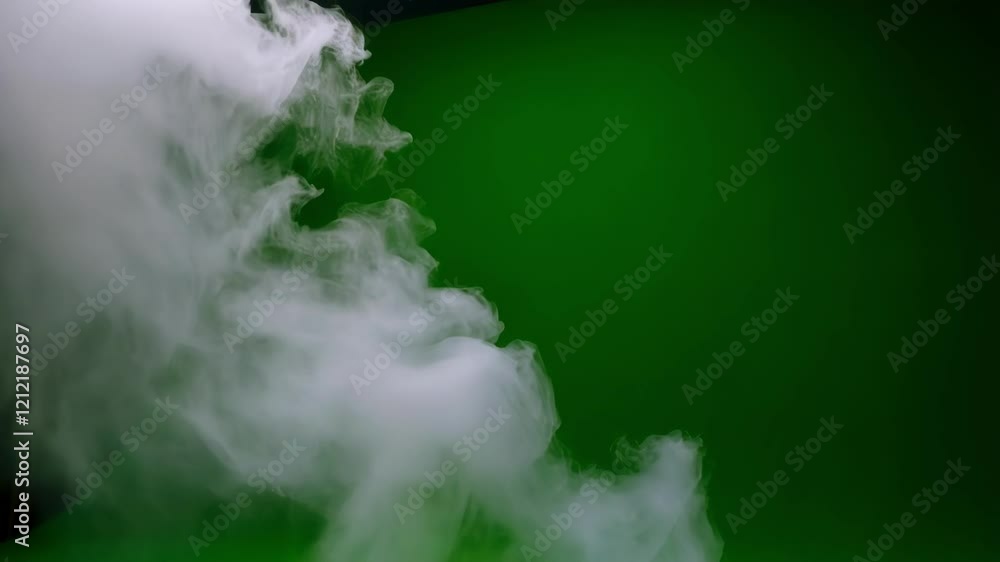 Poster white smoke is softly rising and swirling against a vibrant green screen backdrop, creating a mystic