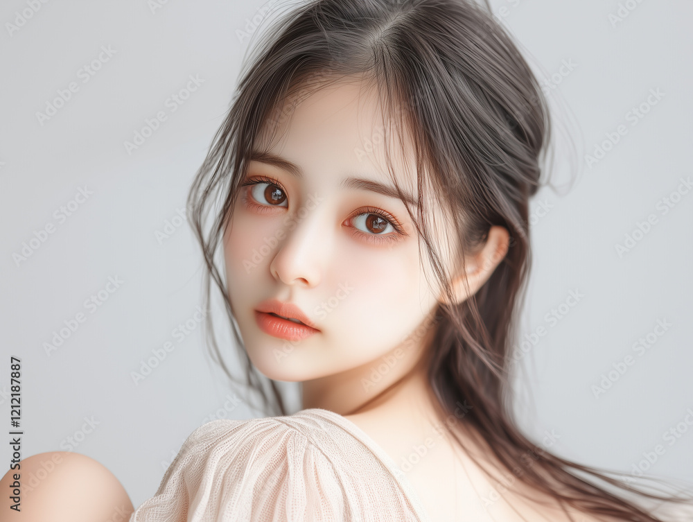 Poster 美肌の若くて可愛いアジア女性モデルの美容ポートレート。ナチュラルなメイクをしている可憐な美少女。