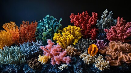 Vibrant coral reef display, diverse species, dark background, ocean life, aquarium exhibit
