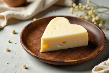 Heart-shaped wedge of dairy product on rustic wooden plate, subtly textured surface, minimalist setting, delicate floral accents
