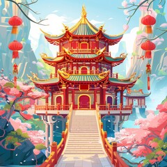 Fototapeta premium A traditional Chinese pagoda with red lanterns and cherry blossom trees in a scenic mountain landscape.