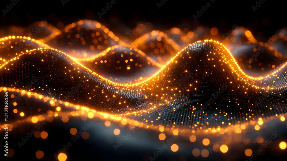 Poster abstract golden particle wave background. dynamic and glowing energy flowing through dark space, cre